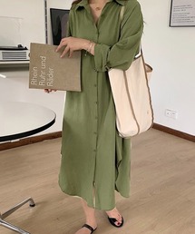 レギュラーカラーサイドスリットデザインロングシャツワンピース/シャウター