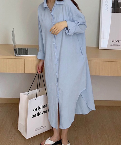 Chaco closet（チャコ クローゼット）の「レギュラーカラーサイドスリットデザインロングシャツワンピース/シャウター（シャツワンピース・レディース・ホワイト/ブラック/ベージュ/ブラウン/カーキ/ピンク/ブルー・FREE）」の21枚目の写真