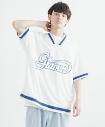 オーバーサイズ メッシュラインリブ Vネックビッグシルエット半袖Tシャツ