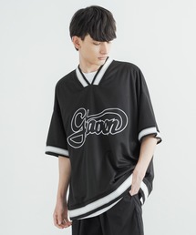オーバーサイズ メッシュラインリブ Vネックビッグシルエット半袖Tシャツ