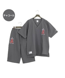 MLB（メジャーリーグベースボール）の「【完売】《MLB》先染サッカー Vネック 半袖 ハーフパンツ パジャマ（ルームウェア/パジャマ・メンズ）」
