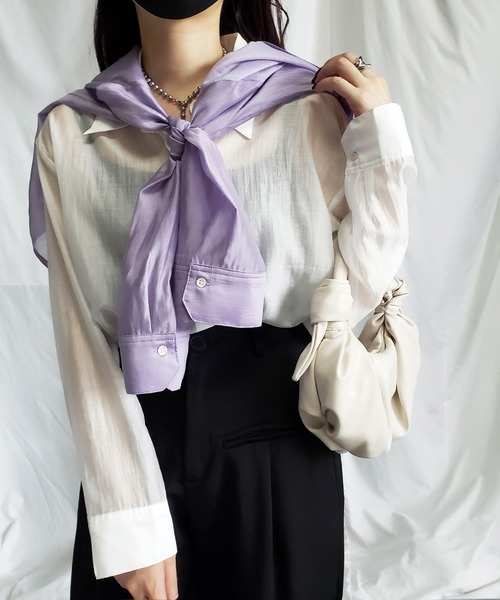 me+em select（ミームセレクト）の「【5色展開】シアーグロスヴィンテージサテンオーバーシャツ（シャツ/ブラウス・レディース・ホワイト/ブラック/パープル/グリーン/ワインレッド・FREE）」の13枚目の写真