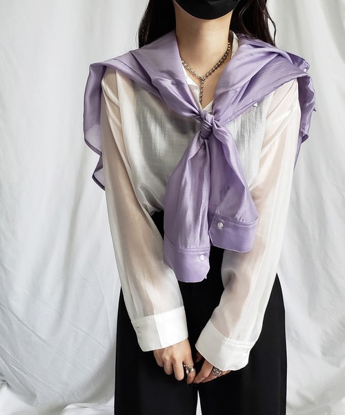 me+em select（ミームセレクト）の「【5色展開】シアーグロスヴィンテージサテンオーバーシャツ（シャツ/ブラウス・レディース・ホワイト/ブラック/パープル/グリーン/ワインレッド・FREE）」の14枚目の写真