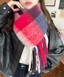 moment+ | ミックスカラーボリュームフリンジマフラー（チェック柄マフラー）(マフラー)