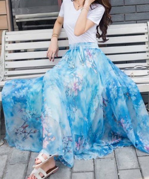 PRIVATE BEACH(プライベートビーチ)の「花柄シフォンフレアロングスカート(スカート・レディース・ブラック/グレー/ブルー/ライトグリーン/ライトピンク・S/M/L)」の4枚目の写真