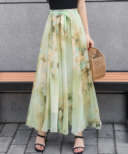 PRIVATE BEACH(プライベートビーチ)の「花柄シフォンフレアロングスカート(スカート・レディース・ブラック/グレー/ブルー/ライトグリーン/ライトピンク・S/M/L)」の3枚目の写真
