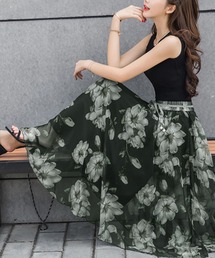 花柄シフォンフレアロングスカート
