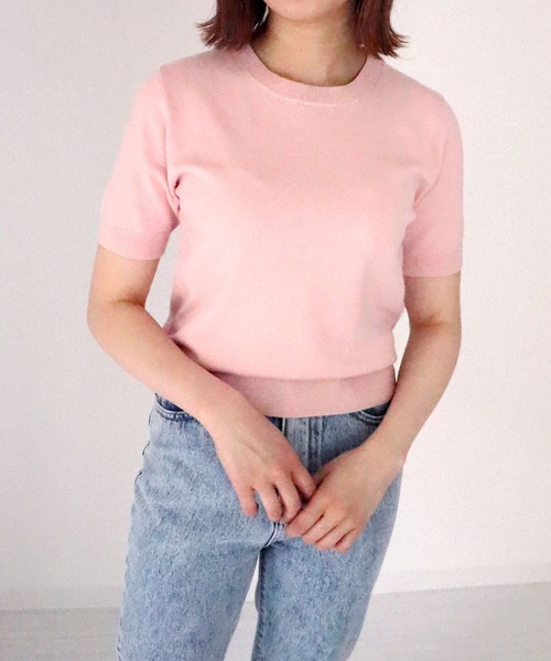 週末セール　BALLANTYNE ピンク 半袖ニットコットンセーター　未使用 セール】【XSからXLまで5サイズ展開】クルーネック半袖ニット