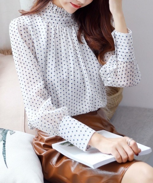 ドゥロワー★フリル　ドット柄　コットン　スタンド　シャツ ブラウス　バンドカラー blo239302.jpg