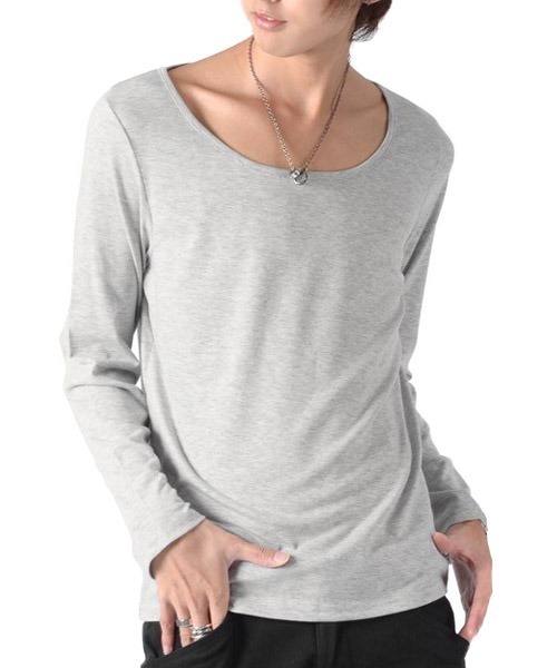 LUXSTYLE（ラグスタイル）の「Aegnoir(イグノア) ワイドＵネック無地ロンＴ（Tシャツ/カットソー・メンズ・ホワイト/ブラック/レッド/グレー/モカ/ネイビー/杢グレー/ダークブラウン/チャコール/パープル・XL/L/M/XXL）」の4枚目の写真