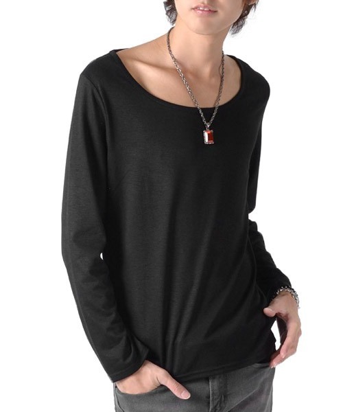 LUXSTYLE（ラグスタイル）の「Aegnoir(イグノア) ワイドＵネック無地ロンＴ（Tシャツ/カットソー・メンズ・ホワイト/ブラック/レッド/グレー/モカ/ネイビー/杢グレー/ダークブラウン/チャコール/パープル・XL/L/M/XXL）」の2枚目の写真