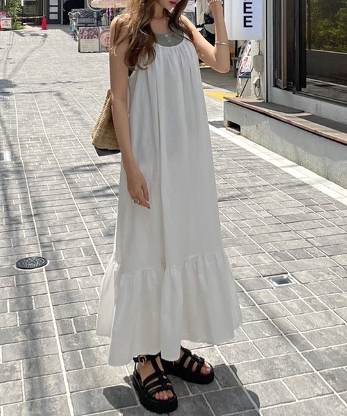 美品　ドゥロワー　ギャザー 半袖ワンピース　長袖　ウエストマーク　フレア セール】裾フレアギャザーキャミワンピース（ワンピース）｜Futier