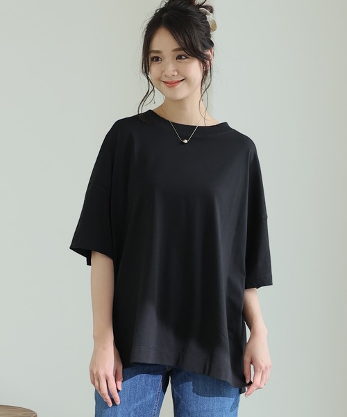 ElegChic(エレグシック)の「前後2WAYビッグTシャツ(Tシャツ/カットソー・レディース・ブラック/オフホワイト/グレイッシュベージュ/杢グレー・M/4L/XL)」の3枚目の写真
