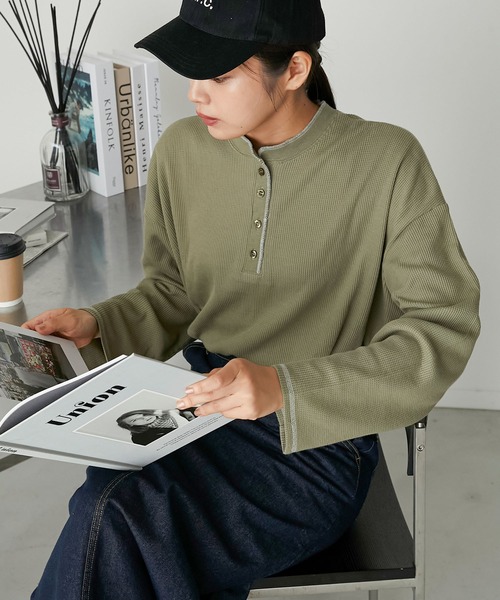 forksy.】ワッフルヘンリーネック配色ステッチロンT（Tシャツ