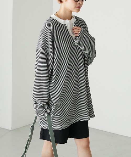 forksy.】ワッフルヘンリーネック配色ステッチロンT forksy