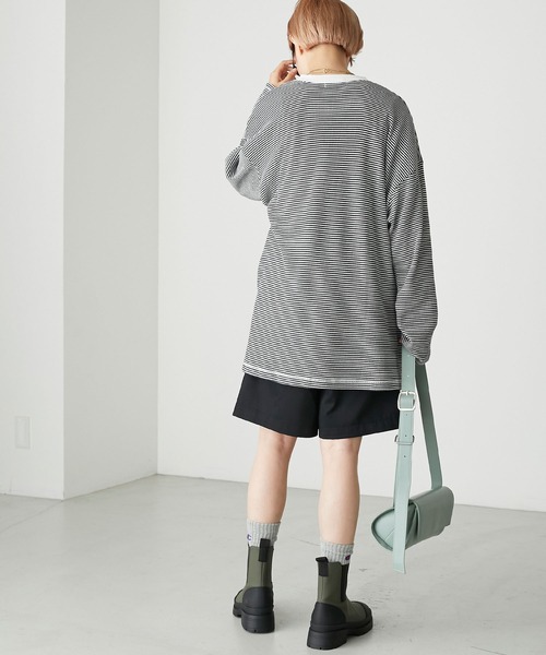 forksy.】ワッフルヘンリーネック配色ステッチロンT forksy