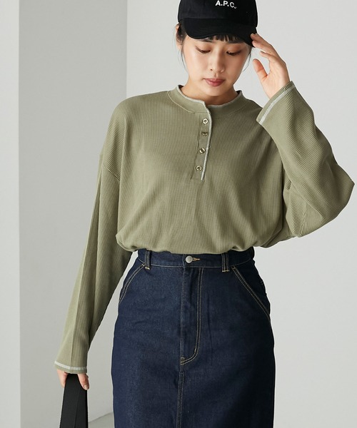 forksy.】ワッフルヘンリーネック配色ステッチロンT forksy