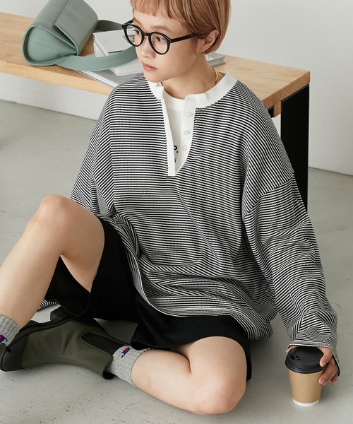 forksy.】ワッフルヘンリーネック配色ステッチロンT forksy