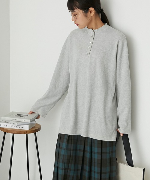 まとめ売り〜 forksy.】ワッフルヘンリーネック配色ステッチロンT forksy