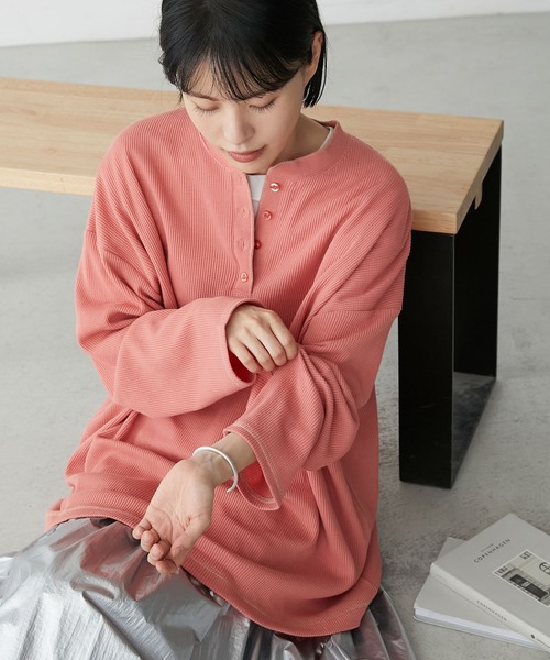 forksy.】ワッフルヘンリーネック配色ステッチロンT（Tシャツ