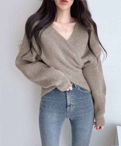 poncoo◎ カラーネップリブニットトップス（NAVY） 新品未使用品 セール】フロントクロスリブニットトップス（ニット/セーター