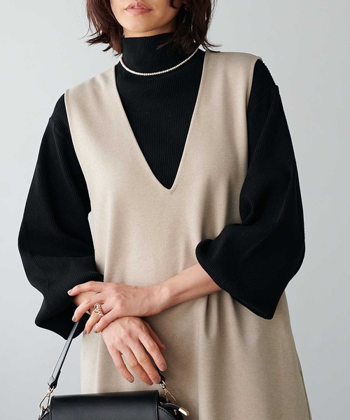 ニット セーター 手洗い出来る ふんわりスリーブリブハイネックニット レディース Jines（ジネス）の「手洗い出来る ふんわりスリーブリブ