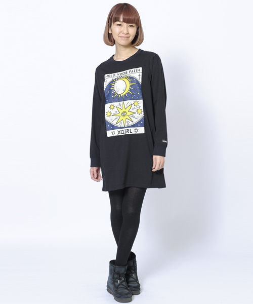 X-girl（エックスガール）の「FORTUNE L/S TEE DRESS（ワンピース・レディース・ホワイト/ブラック・1/2）」の2枚目の写真
