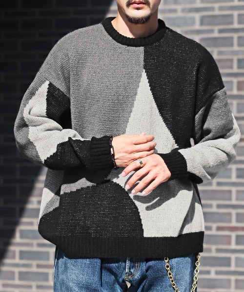 LUXSTYLE(ラグスタイル)の「ジャガード変則柄オーバーサイズニット(ニット/セーター・メンズ・ネイビー/ブラウン/ブラック/ブルー・M/L)」の1枚目の写真