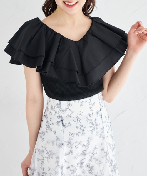 tocco closet(トッコ クローゼット)の「ラッフルフリル切り替えリブカットプルオーバー(Tシャツ/カットソー・レディース・レモンイエロー/オフホワイト/ブラック・M)」の2枚目の写真