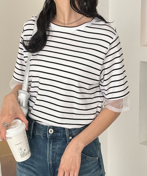 GeeRA(ジーラ)の「綿100%袖シアー切替シルケットTシャツ(Tシャツ/カットソー・レディース・オフホワイト/ブラック/その他・MEDIUM/LARGE)」の3枚目の写真
