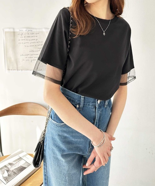 GeeRA(ジーラ)の「綿100%袖シアー切替シルケットTシャツ(Tシャツ/カットソー・レディース・オフホワイト/ブラック/その他・MEDIUM/LARGE)」の7枚目の写真