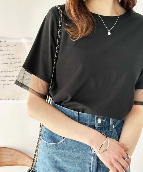 GeeRA(ジーラ)の「綿100%袖シアー切替シルケットTシャツ(Tシャツ/カットソー・レディース・オフホワイト/ブラック/その他・MEDIUM/LARGE)」の8枚目の写真
