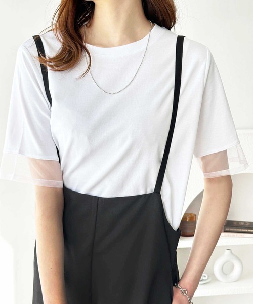 GeeRA(ジーラ)の「綿100%袖シアー切替シルケットTシャツ(Tシャツ/カットソー・レディース・オフホワイト/ブラック/その他・MEDIUM/LARGE)」の4枚目の写真