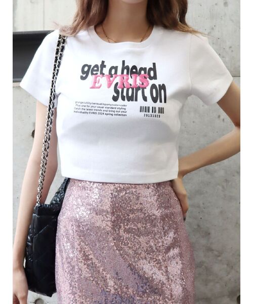 EVRIS（エヴリス）の「Get a Head クロップドTシャツ（Tシャツ/カットソー・レディース・イエロー/ブラック/ホワイト・FREE）」の2枚目の写真