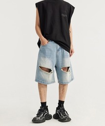 クラッシュダメージ加工ワイドデニムハーフパンツ