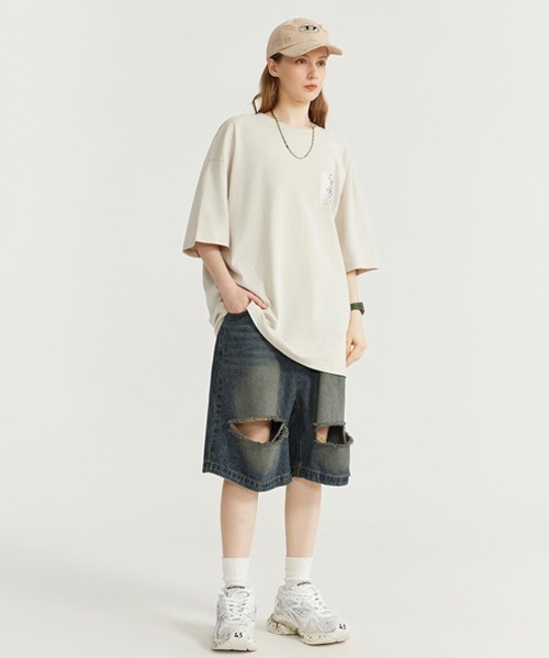 クラッシュダメージ加工ワイドデニムハーフパンツ（デニムパンツ