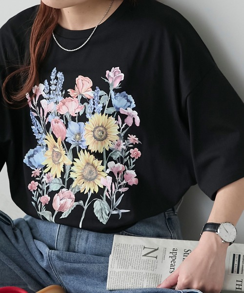 BONLECILL(ボンルシール)の「ヴィンテージフラワープリント BIGTEE(Tシャツ/カットソー・レディース・オートミール/オフホワイト/ブラック・FREE)」の8枚目の写真