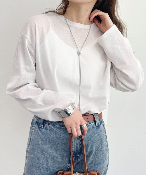 fredy emue(フレディエミュ)の「コットンチュールルーズロンT(Tシャツ/カットソー・レディース・オフホワイト/ダークネイビー/ライトグレー・38)」の1枚目の写真