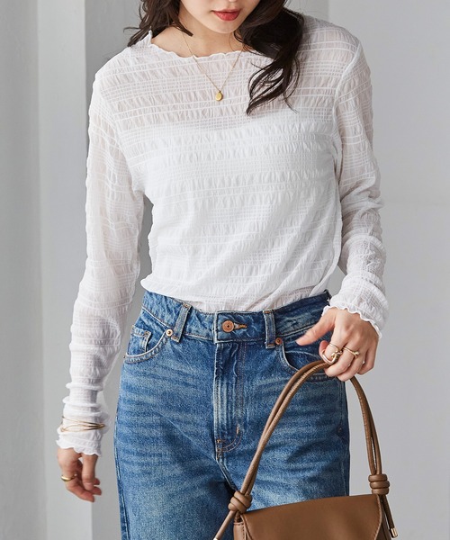 RANAN（ラナン）の「シャーリングクルーネックシアートップス（Tシャツ/カットソー・レディース・ライトベージュ/ブラック/ホワイト/ブラウン・M/L/LL）」の20枚目の写真