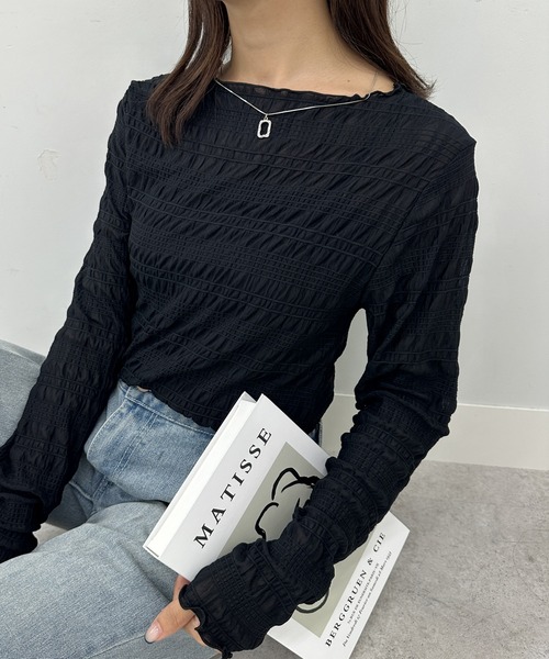 RANAN（ラナン）の「シャーリングクルーネックシアートップス（Tシャツ/カットソー・レディース・ライトベージュ/ブラック/ホワイト/ブラウン・M/L/LL）」の10枚目の写真