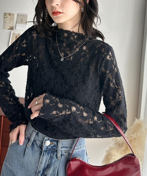 セール】華やぎと上品さをプラス。フラワー柄起毛レースハイネックプル