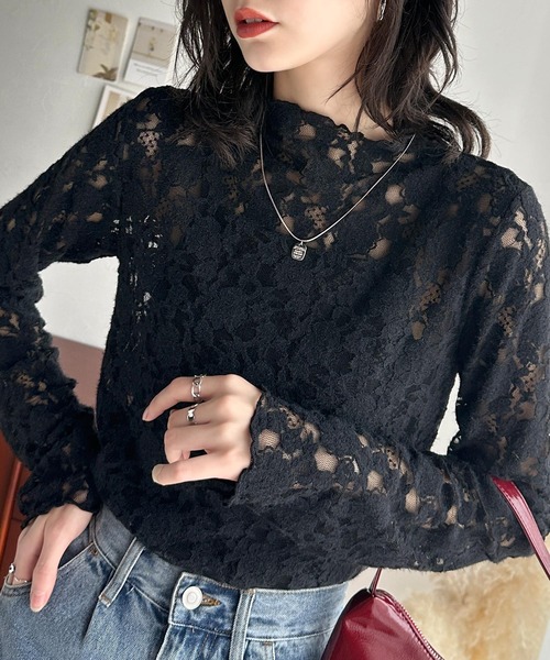 classicalelf（クラシカルエルフ）の「華やぎと上品さをプラス。フラワー柄起毛レースハイネックプルオーバー（Tシャツ/カットソー・レディース・オフホワイト/ブラック・X-LARGE/SMALL/MEDIUM/LARGE）」の3枚目の写真