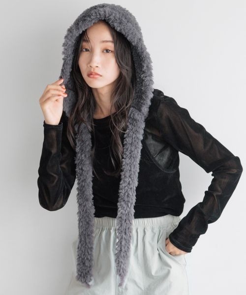 LOWRYS FARM（ローリーズファーム）の「フワモコフードハット　202049（ハット・レディース・ブラック/グレー・FREE）」の2枚目の写真