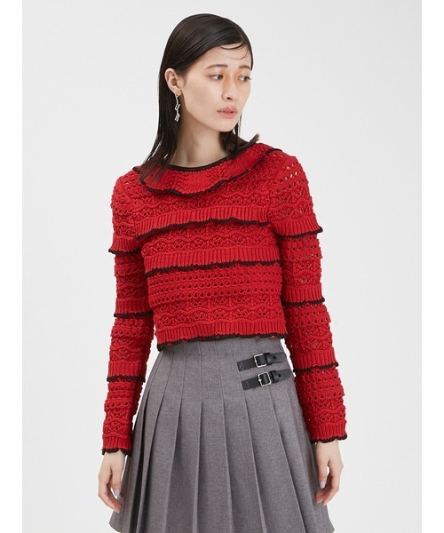 FURFUR(ファーファー)の「スカラップニットトップス(ニット/セーター・レディース・ホワイト/レッド/ブラック・FREE)」の3枚目の写真