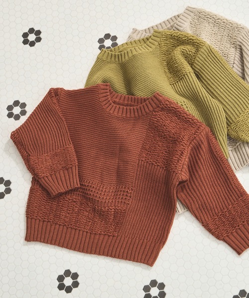 pairmanon（ペアマノン）の「パッチワーク風 ニット プルオーバー（ニット/セーター・キッズ・テラコッタ/ミント/ベージュ・L/S/M/XS）」の2枚目の写真