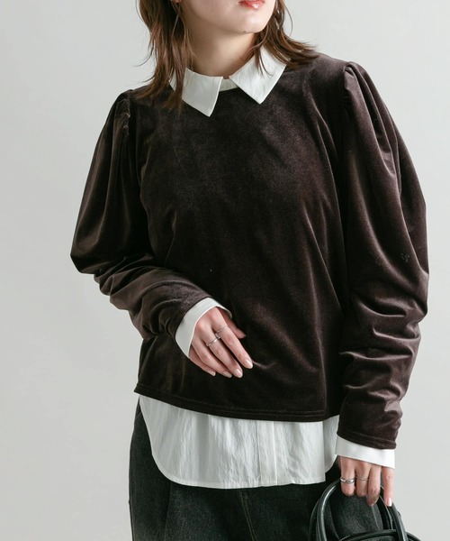 KBF（ケイビーエフ）の「パフスリーブ2WAYベロアトップス（Tシャツ/カットソー・レディース・ダークブラウン/アイボリー/ブラック・ONE）」の19枚目の写真