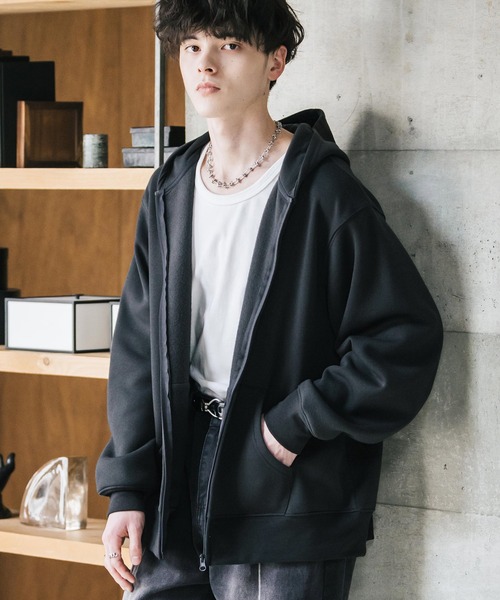 Rocky Monroe（ロッキーモンロー）の「ルーズシルエット 裏起毛無地フルジップパーカー（パーカー・メンズ・オートミール/ネイビー/チャコールグレー/ブラック・M/L/XL）」の3枚目の写真