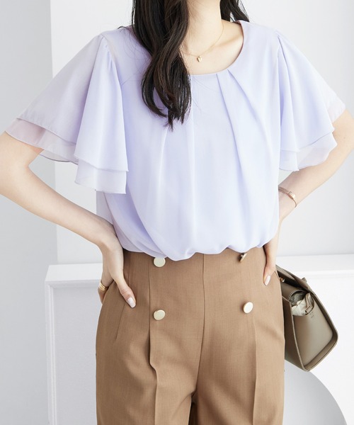 alotta（アロッタ）の「インナー付きフリル袖シフォンタックブラウス（シャツ/ブラウス・レディース・ホワイト/ブラック/ネイビー/サックスブルー・M/L/LL/3L）」の4枚目の写真