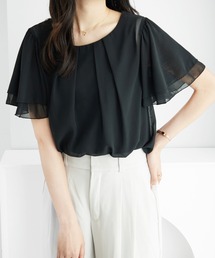 インナー付きフリル袖シフォンタックブラウス