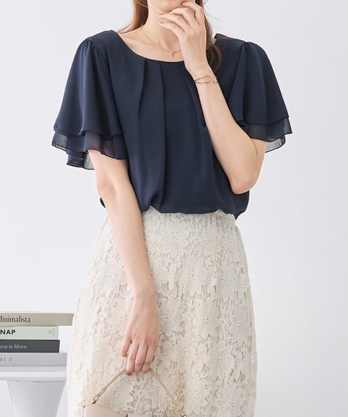 alotta（アロッタ）の「インナー付きフリル袖シフォンタックブラウス（シャツ/ブラウス・レディース・ホワイト/ブラック/ネイビー/サックスブルー・M/L/LL/3L）」の6枚目の写真